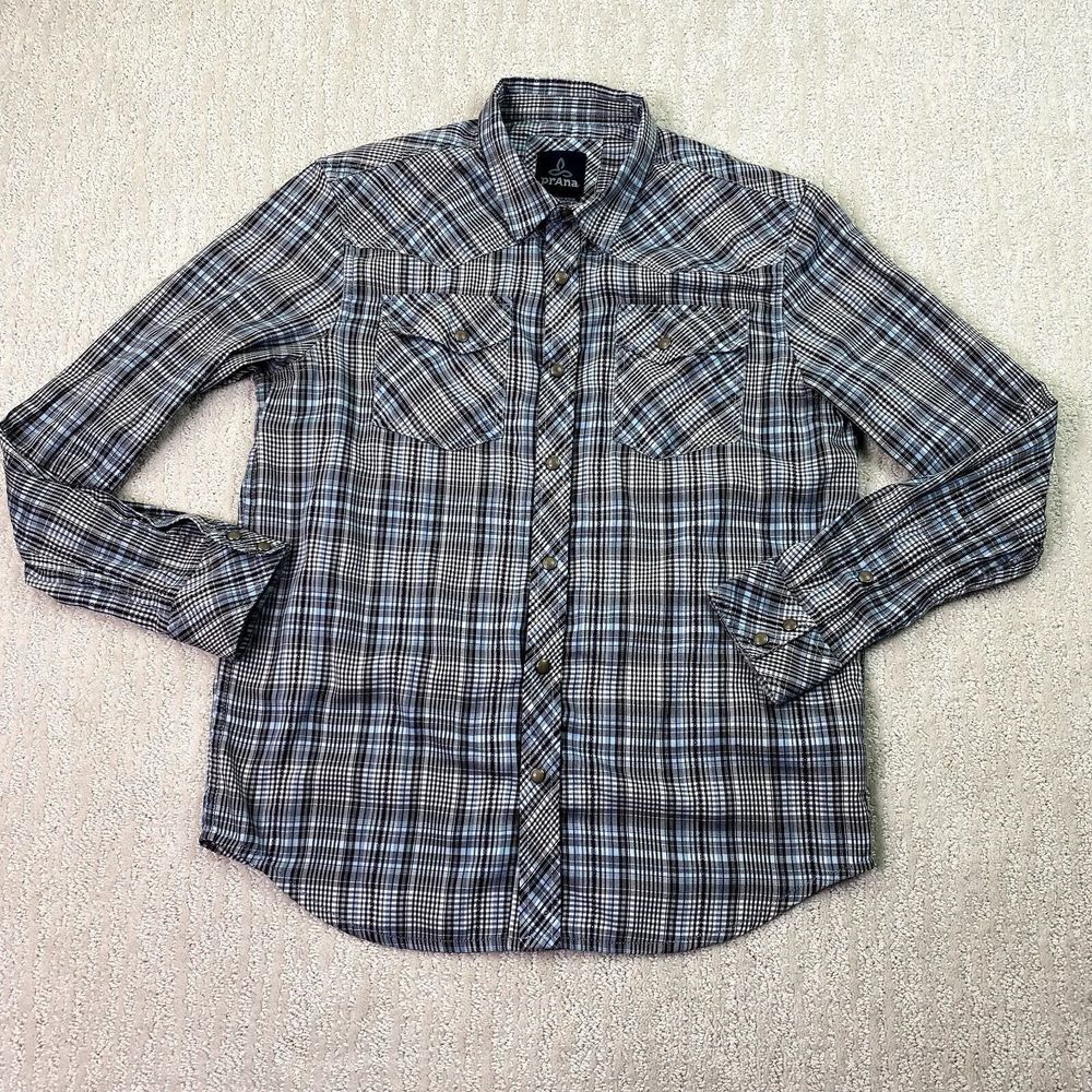 Prana Shirt Adult Small Gray Plaid Snap Button Long Sleeve
